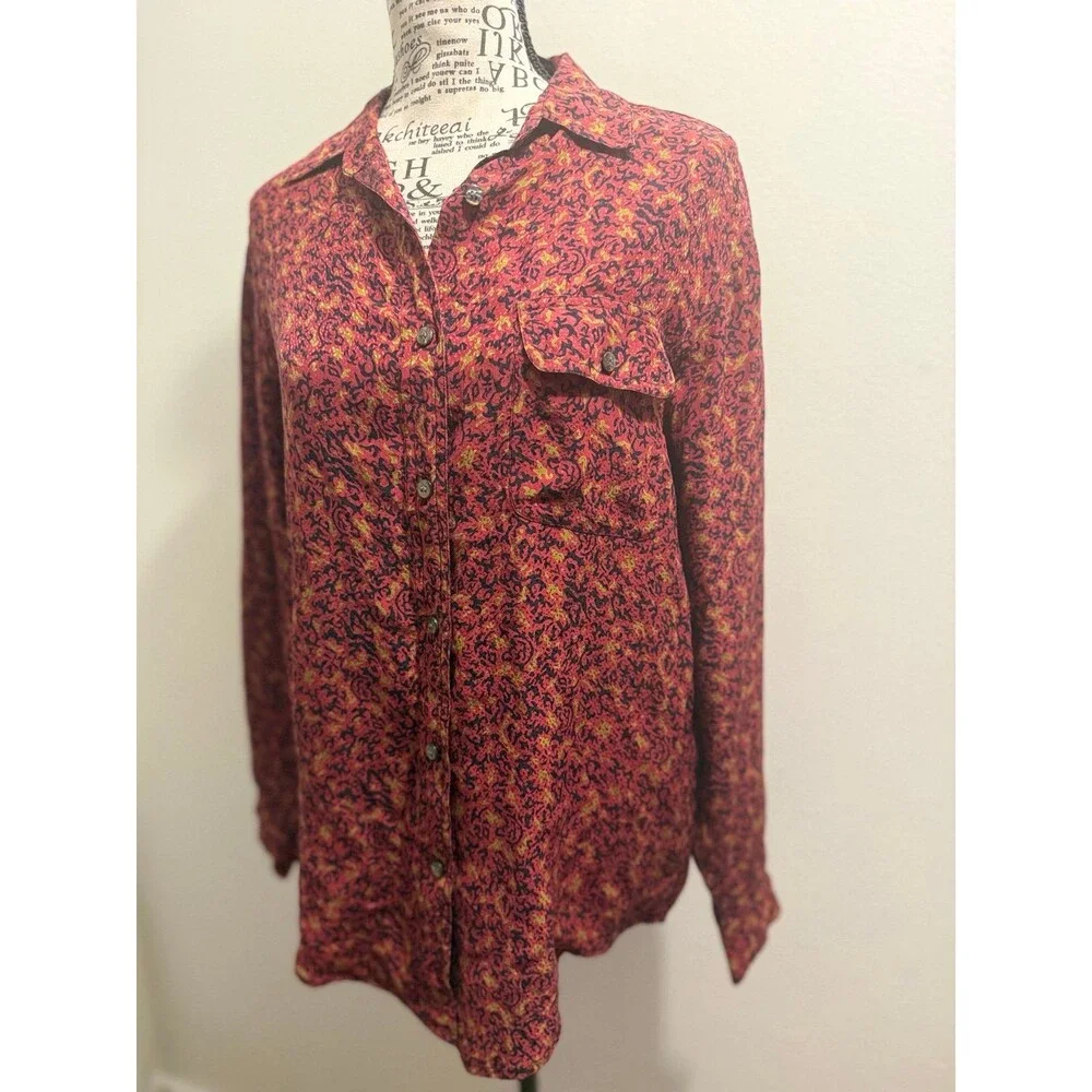 August Silk Red Black Gold Patterned 100% Silk Cottage Core Button-Up Shirt M